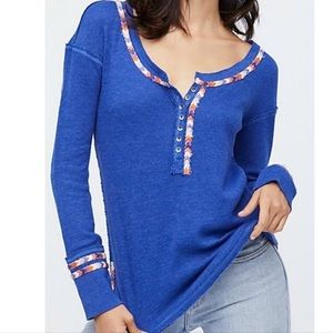 Free People We the Free Blue‎ Rainbow Embroidered Thermal Top Medium Cottagecore